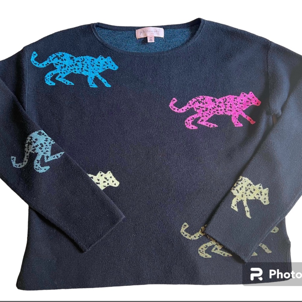 Anthropologie Philosophy Black Sweater Neon Animal Print Cheetah Size Small
